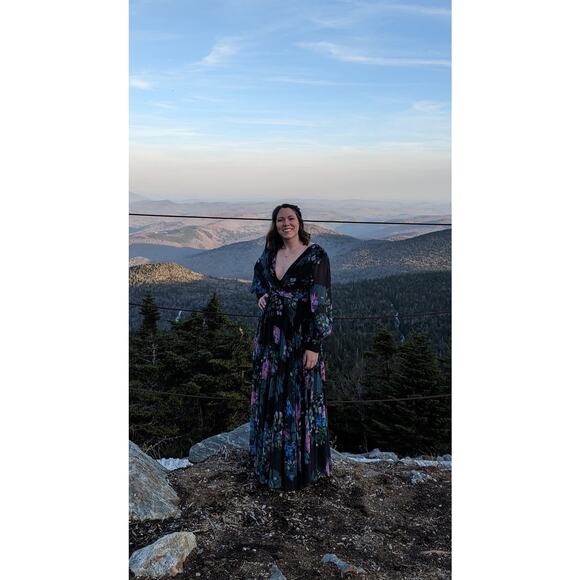 BADGLEY MISCHKA Black Green Floral Long Sleeve V-Neck Pleated Gown Size 4 - Picture 3 of 12